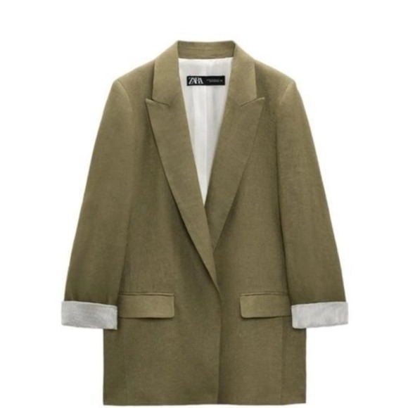 Zara Jackets & Blazers - Zara Linen Blazer Open Front Relaxed Fit Printed Sleeve Olive Green
